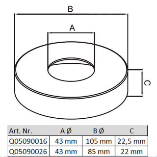 Rosette &Oslash; 105 mm, f&uuml;r &Oslash; 42,4 mm Rohre, H 22 mm, V2A Edelstahl, geschliffen