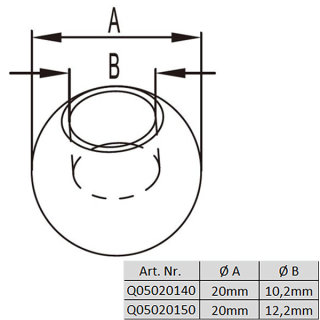 Kugelkappe f&uuml;r Rundstab &Oslash; 10 mm zum Verkleben, Edelstahl V2A geschliffen
