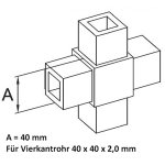 4-Wege Kreuz-Verbinder für Rohr 40x40 mm; Edelstahl AISI 304